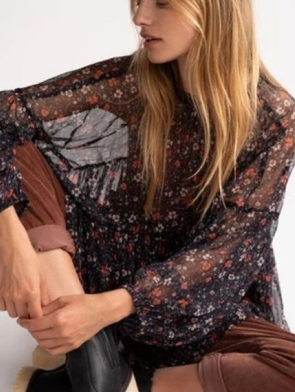 Free People Sweet Heart Sheer Floral Top - L